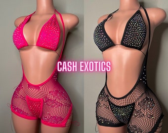 Exotic dancewear, 3 piece outfit, fishnet romper + bikini, stripper outfit