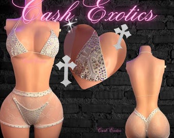 White chrome <3’s stripper outfit, cross stripper outfit, 3 piece set, exotic dancewear or ravewear