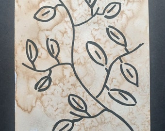 Leaves Minimalist Drawing, Original Coffee-Stained Marker Foliage Wall Art, One-of-a-kind Traditional Hand-Drawn Sketch Art