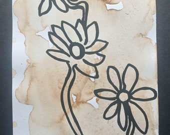 Flowers Minimalist Drawing, Original Coffee-Stained Marker Floral Wall Art, One-of-a-kind Traditional Hand-Drawn Sketch Art