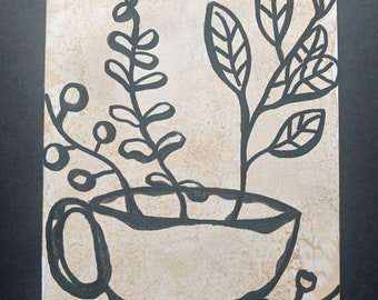 Coffee Cup Sketch Art, Flowers Cup Minimalist Drawing, Original Coffee-Stained Marker Leaves Wall Art, One-of-a-kind Traditional Hand-Drawn