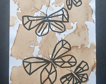 Butterfly Sketch Art, Butterflies Minimalist Drawing, Original Coffee-Stained Marker Wall Art, One-of-a-kind Traditional Hand-Drawn