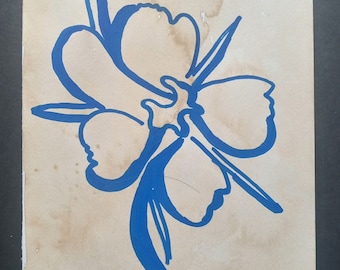 Blue Flower Minimalist Drawing, Original Coffee-Stained Marker Flowers Wall Art, One-of-a-kind Traditional Hand-Drawn Sketch Art