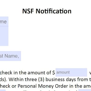 May include: A white document headed "NSF Notification" with fields for resident details. The text explains a rent cheque was returned due to insufficient funds and requests a cashier's cheque or money order.