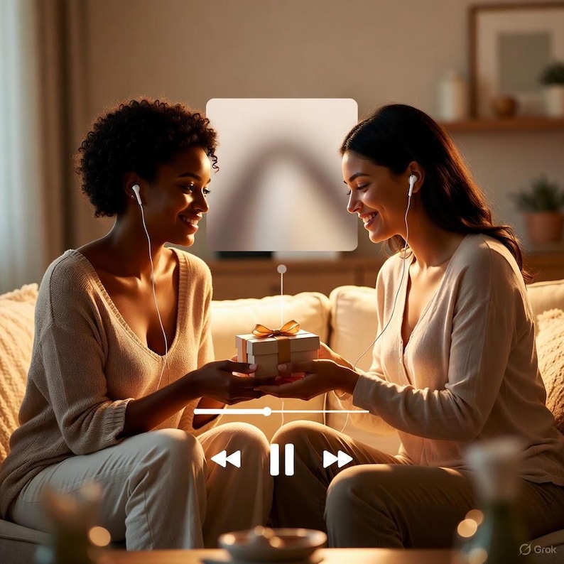 Puede incluir: Dos personas sentadas en un sof&aacute; intercambian una peque&ntilde;a caja de regalo con una cinta dorada. Ambas visten tops de tonos neutros y pantalones blancos. La escena est&aacute; iluminada por una luz c&aacute;lida, lo que sugiere un ambiente interior acogedor. La imagen incluye iconos de control multimedia.