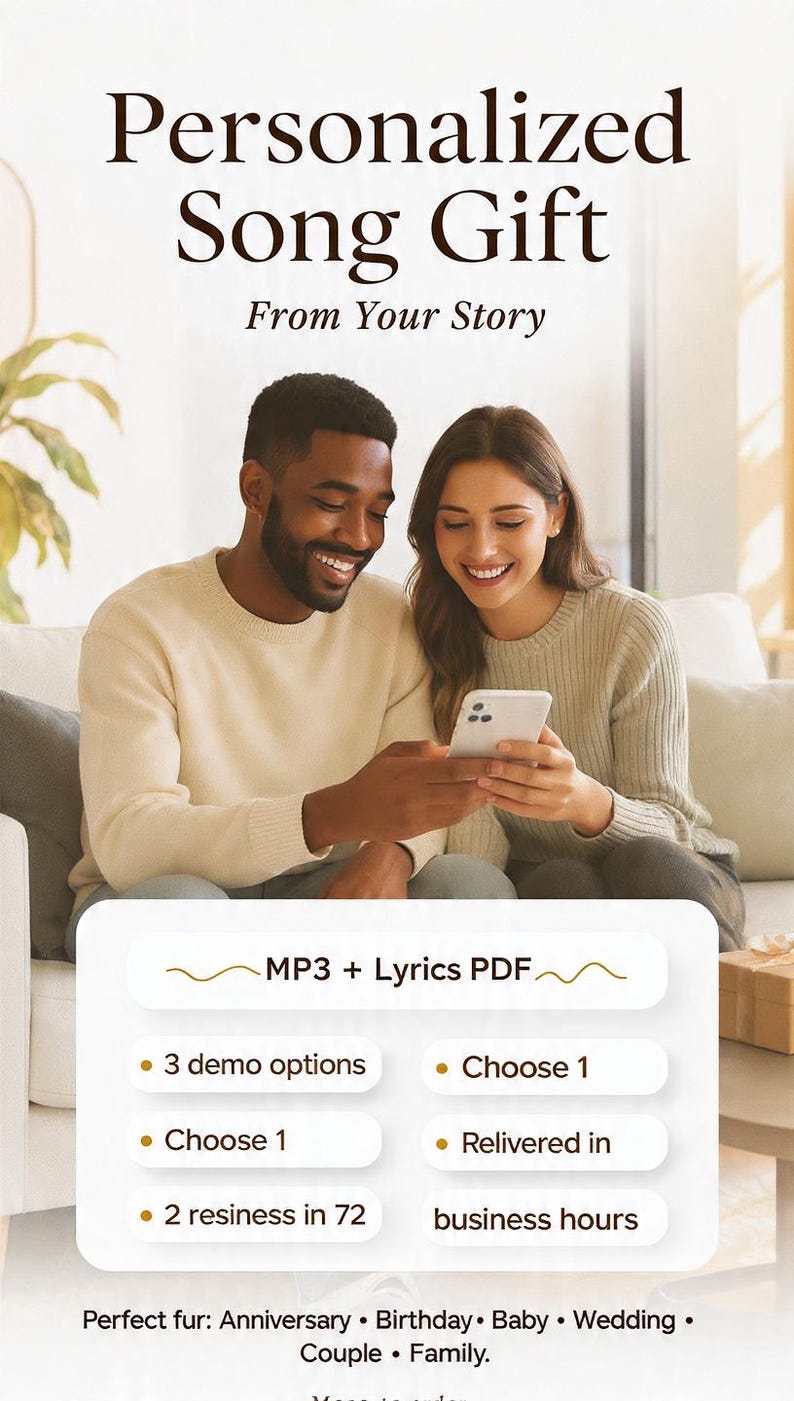 Puede incluir: Imagen de una pareja sonriendo mientras mira un tel&eacute;fono. La imagen tiene el texto "Personalized Song Gift From Your Story". La imagen tambi&eacute;n tiene el texto "MP3 + Lyrics PDF", "3 opciones de demostraci&oacute;n", "Elige 1", "2 resinas en 72", "Elige 1", "Entregado en" y "horas h&aacute;biles".
