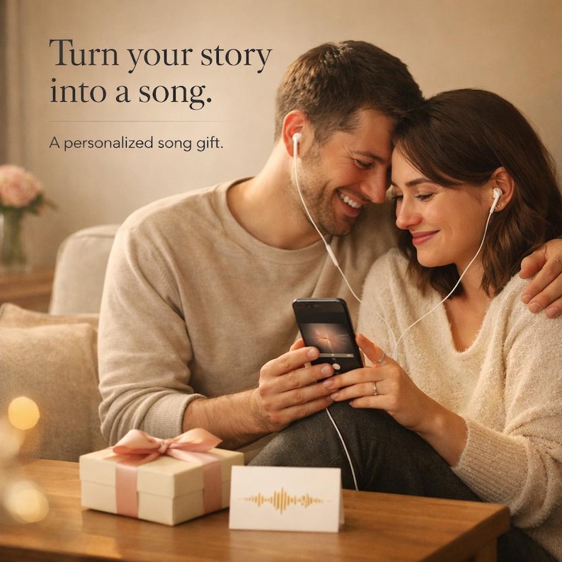 Puede incluir: Una pareja comparte un momento escuchando m&uacute;sica en un smartphone, usando auriculares blancos. Una caja de regalo con una cinta rosa y una tarjeta con un gr&aacute;fico de onda de sonido est&aacute;n sobre la mesa. El texto dice: "Convierte tu historia en una canci&oacute;n. Un regalo de canci&oacute;n personalizado."