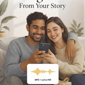 Puede incluir: Descarga digital de un regalo de canci&oacute;n personalizado. La imagen muestra a una pareja sonriendo mirando un tel&eacute;fono. El texto incluye "Personalized Song Gift From Your Story" y "MP3 + Lyrics PDF". Texto adicional describe opciones y entrega.