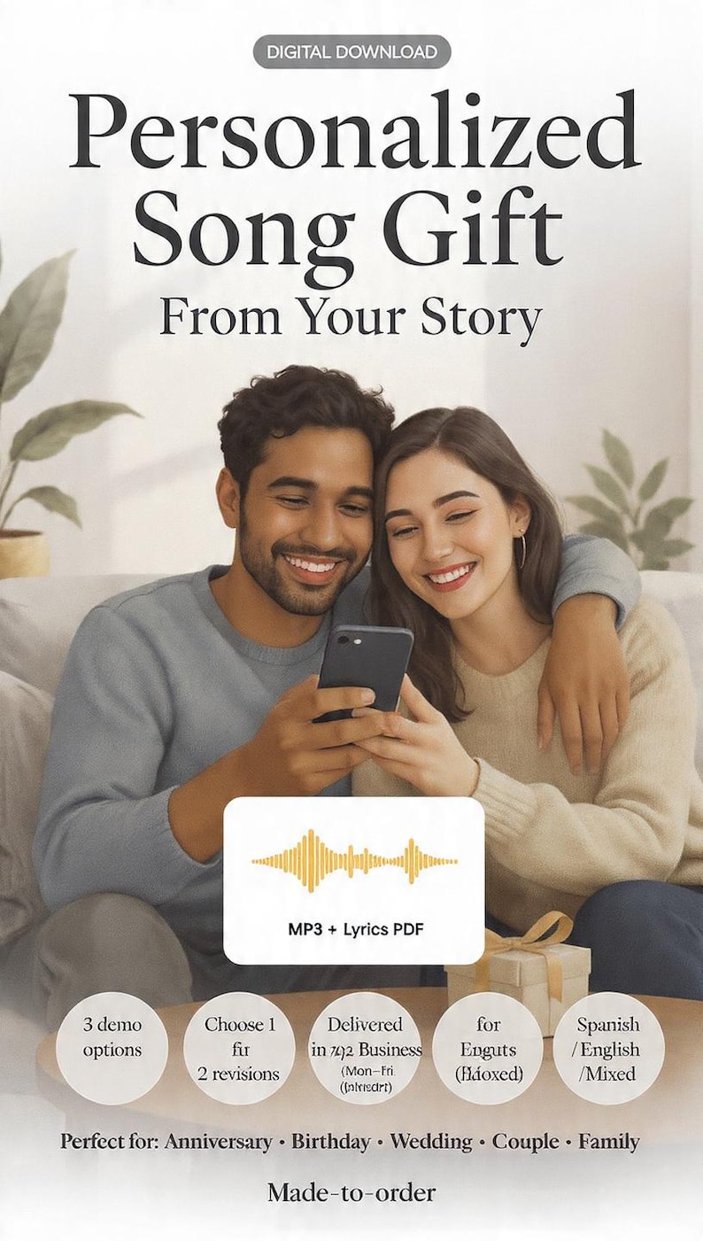 Puede incluir: Descarga digital de un regalo de canci&oacute;n personalizado. La imagen muestra a una pareja sonriendo mirando un tel&eacute;fono. El texto incluye "Personalized Song Gift From Your Story" y "MP3 + Lyrics PDF". Texto adicional describe opciones y entrega.