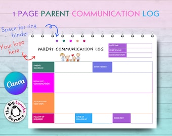 May include: A printable parent communication log template with a colorful design. The template includes sections for date, time, child's name, communication details, staff member, action plan, follow-up, and resolution. The template features a cartoon illustration of a family.