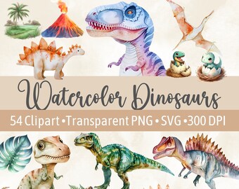 水彩恐竜クリップアートバンドル かわいい恐竜クリップアート SVG 恐竜誕生日パーティーデコレーション 恐竜ベビーシャワーセット TRex SVG 恐竜 PNG