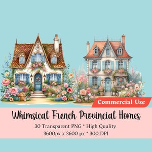 Whimsical French Provincial Homes Watercolor French Houses Cute House Clipart PNG Digital Download Cottagecore Collage Scrapbooking Journal