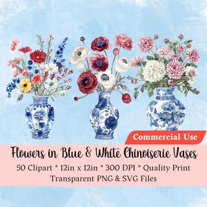 Chinoiserie Clipart Floral Chinoiserie Wall Art Flowers Blue White Vases Ginger Jar Clip Art Watercolor Chinoiserie SVG PNG Digital Download