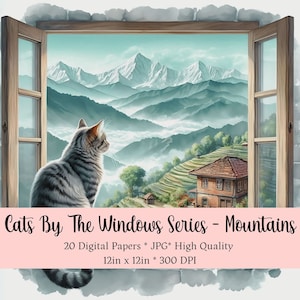 Watercolor Cat Digital Paper Art Prints Cats by The Window Mountains Series Cottagecore Cats Clipart Shabby Chic Cats Instant Download