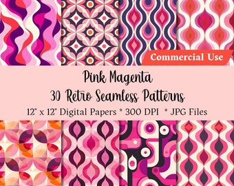 Retro Seamless Patterns Digital Paper Pink Magenta Patterns Instant Download Printable Decoupage Paper Vintage Wallpaper Groovy 60s 70s