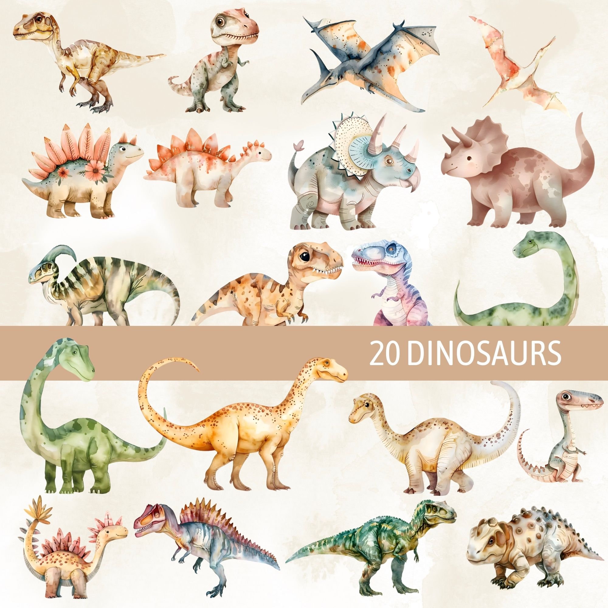 Watercolor Dinosaur Clipart Bundle Cute Dino Clip Art SVG Dinosaur ...