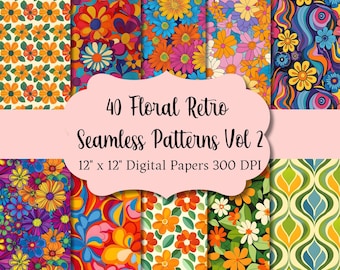 Floral Retro Seamless Patterns Digital Paper Instant Download Decoupage Book Cover Vintage Funky Groovy 50s 60s 70s Wallpaper Journal Vol 2