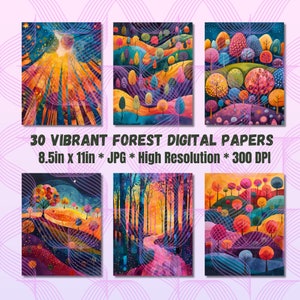 Fantasy Forest papiers numériques enfants Illustration magique enchanté vibrant Woodland cartes imprimables forêt numérique fond téléchargement