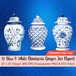 Chinoiserie Clipart Floral Chinoiserie Wall Art Blue and White Ginger Jar Clip Art Watercolor Chinoiserie SVG PNG Instant Digital Download