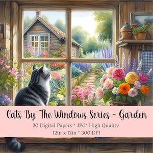 Watercolor Cat Digital Paper Art Prints, Cats by The Window Garden Series, Cottagecore Cats Clipart Rustic Feline Shabby Chic Cats Download