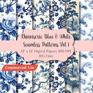 Chinoiserie Blue & White Seamless Patterns Digital Paper Oriental Digital Download Vintage Printable Decoupage Scrapbook Journal Book Cover