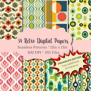 Modelli senza cuciture retrò Carta digitale Download immediato Carta decoupage stampabile Copertina del libro Vintage Groovy anni '60 anni '70 Carta da parati Journal Craft