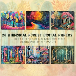 Carta digitale foresta stravagante Foresta incantata magica Fantasia magica Colori vivaci Carte stampabili Download immediato Diario Scrapbooking