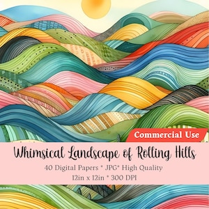 May include: A digital paper pack featuring 40 whimsical watercolor illustrations of rolling hills in a variety of colors, including blue, green, yellow, pink, and orange. The hills are patterned with lines and dots, creating a unique and textured look. The papers are 12 inches by 12 inches and 300 DPI.