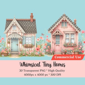 Whimsical Tiny Homes Watercolor English Cottage Cute House Clipart Floral PNG Digital Download Cottagecore Collage Scrapbooking Journal Kit