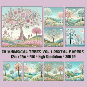 Grillige bomen digitaal papier magisch betoverd bos magische fantasie zachte kleuren afdrukbare kaarten Instant Download dagboek scrapbooking V1