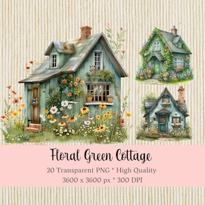 Watercolor Vintage Green Cottage Cute Clipart Floral PNG Flower Digital Download Cottagecore Shabby Chic Collage Scrapbooking Junk Journal