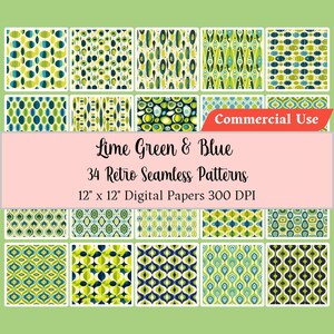 May include: A set of 34 digital papers featuring retro patterns in lime green and blue. The papers are 12 inches by 12 inches and 300 DPI.