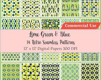 Retro Seamless Patterns Digital Paper Lime Green Blue Patterns Instant Download Printable Decoupage Paper Book Cover Vintage Groovy 60s 70s