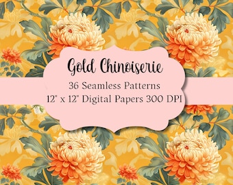 Gold Chinoiserie Patterns Vintage Floral Seamless Pattern Digital Paper Instant Download Printable Decoupage Wallpaper Journal Sheet Collage