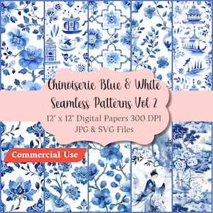 Chinoiserie Blue & White Seamless Patterns Digital Paper Digital Download Vintage Printable Decoupage Scrapbooking Blue White Patterns Vol2
