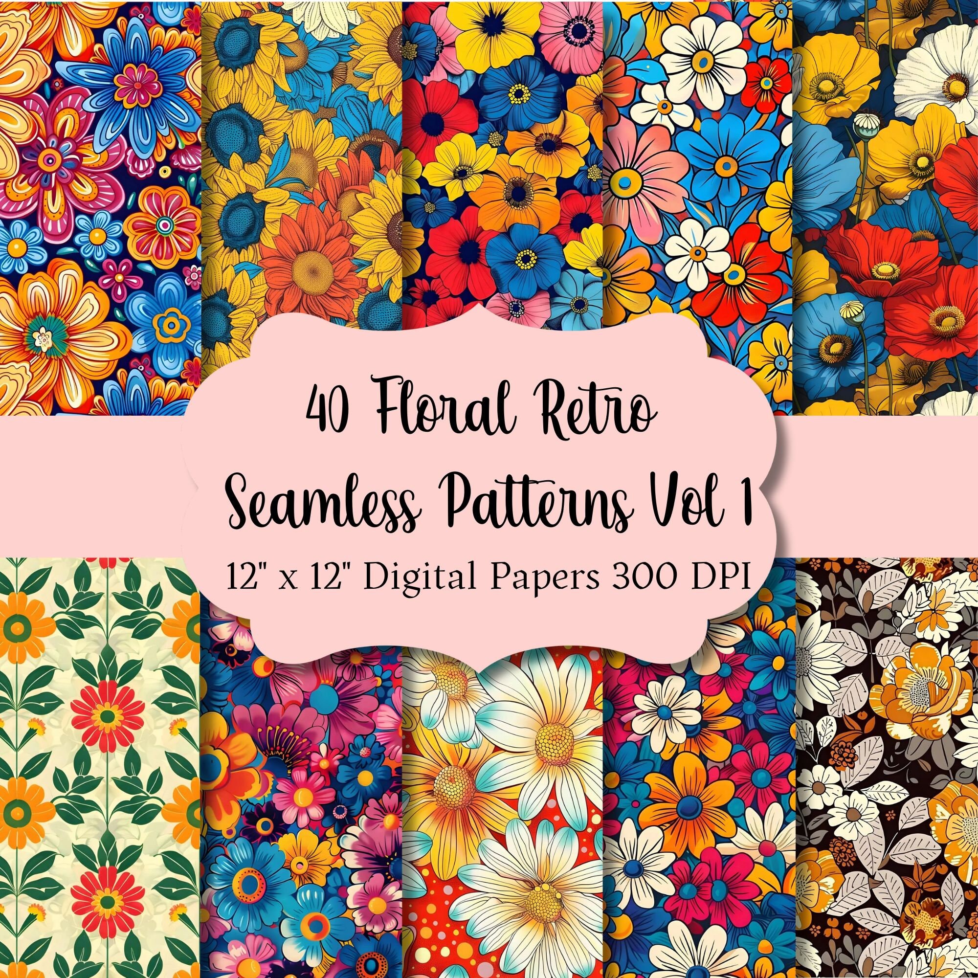 Floral Retro Seamless Patterns Vol 1 Digital Paper Instant Download Decoupage Book Cover Vintage Groovy 50s 60s 70s Wallpaper Journal Craft