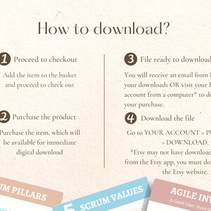 May include: A digital download guide with four steps: proceed to checkout, purchase the product, file ready to download, and download the file. The guide includes text about how to download digital products from Etsy. The guide also includes the text "SCRUM PILLARS", "SCRUM VALUES", and "AGILE INVEST".