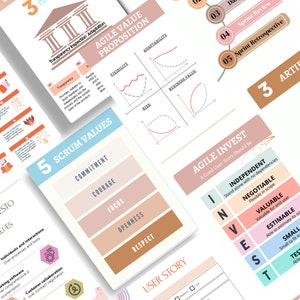 May include: A colorful infographic with the text "Agile Manifesto" and "Scrum Values" on a pink and blue background. The infographic lists the values of agile development, including commitment, courage, focus, openness, and respect.