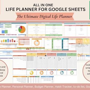 Op de afbeelding: Een digitale levensplanner voor Google Sheets met 12 verschillende planners, waaronder een budgetdashboard, een maaltijdplanner, een persoonlijke planner en een routineplanner. De tekst "ALL IN ONE LIFE PLANNER FOR GOOGLE SHEETS" staat bovenaan de afbeelding. De tekst "The Ultimate Digital Life Planner" staat onder de eerste regel tekst. De tekst "Clear visualization and trackers to keep focused and accountable" staat in een cirkel aan de linkerkant van de afbeelding. De tekst "Customize your unique planner to help you achieve your goals" staat in een cirkel aan de rechterkant van de afbeelding. De tekst "Lifestyle Planner, Personal Planner, Budget Planner, Habit Tracker, to-do list, Goal Setter" staat onderaan de afbeelding.