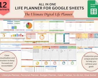 Modelli di Life Planner All in One per Fogli Google, Planner personale digitale, Dashboard di Planner digitali, Planner di stile di vita, Planner giornaliero