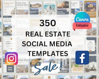May include: A collage of 350 social media templates for real estate agents. The templates feature images of houses, text overlays, and logos for Canva and Facebook. The text "350 Real Estate Social Media Templates" is in large, bold letters in the center of the image. The text "Sale!" is in large, blue letters in the lower center of the image.