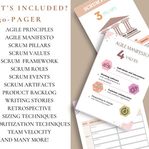 May include: A 30-page guide to Scrum, an agile framework for project management. The guide includes information on agile principles, the Agile Manifesto, Scrum pillars, Scrum values, Scrum framework, Scrum roles, Scrum events, Scrum artifacts, product backlog, writing stories, retrospective, sizing techniques, prioritization techniques, team velocity, and more.