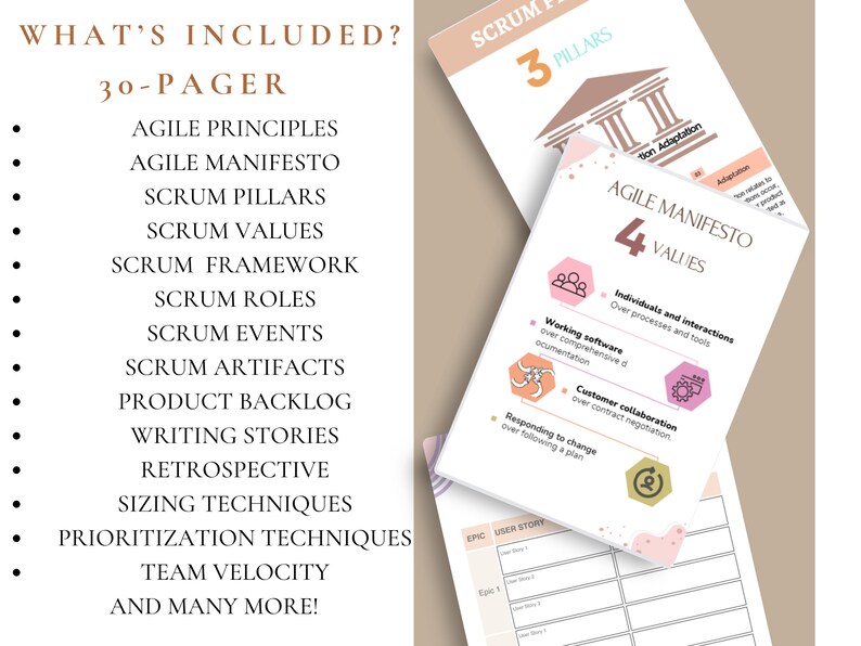 May include: A 30-page guide to Scrum, an agile framework for project management. The guide includes information on agile principles, the Agile Manifesto, Scrum pillars, Scrum values, Scrum framework, Scrum roles, Scrum events, Scrum artifacts, product backlog, writing stories, retrospective, sizing techniques, prioritization techniques, team velocity, and more.