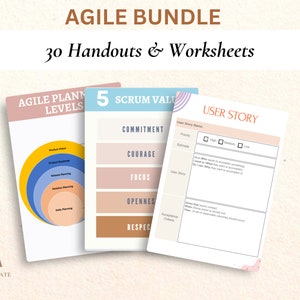 May include: A set of printable worksheets and handouts for agile planning. The image shows three different worksheets: Agile Planning Levels, Scrum Values, and User Story. The text "Agile Bundle 30 Handouts & Worksheets" is at the top of the image.
