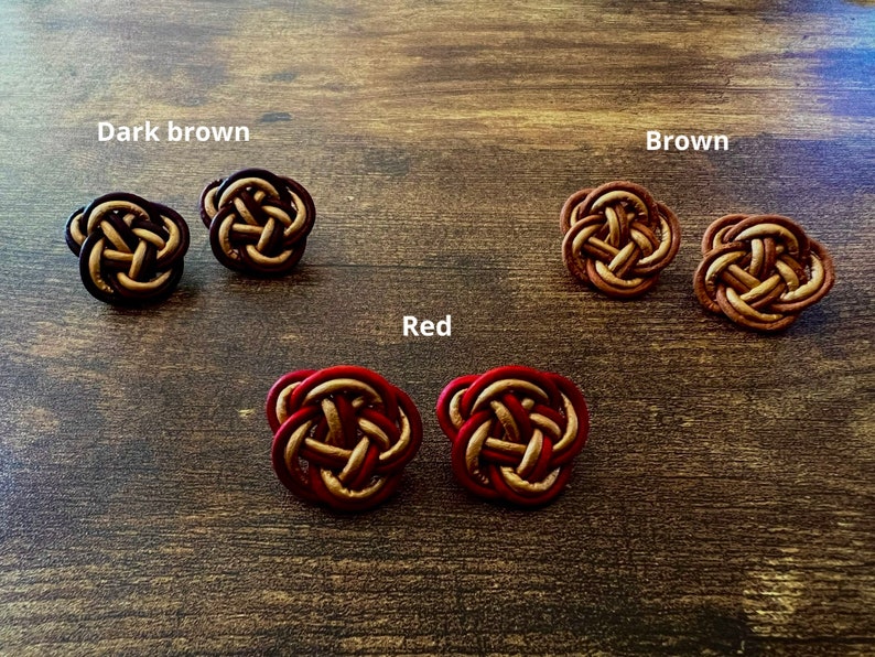 Stud earrings with Japanese ornamental knot, Ume-musubi, leather stud earrings image 5