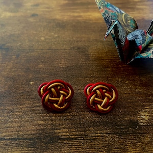 Stud earrings with Japanese ornamental knot, Ume-musubi, leather stud earrings Red
