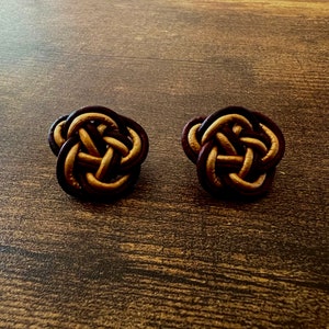 Stud earrings with Japanese ornamental knot, Ume-musubi, leather stud earrings Dark Brown