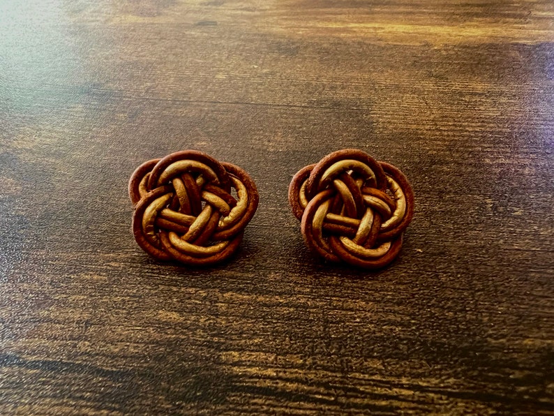 Stud earrings with Japanese ornamental knot, Ume-musubi, leather stud earrings Brown