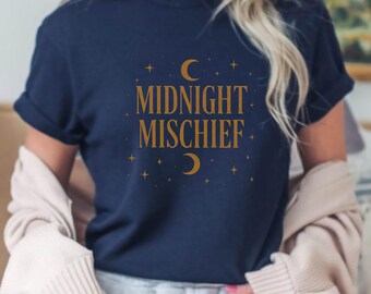 Midnight Mischief Halloween Shirt: Witchy Moon & Stars Graphic Tee