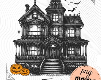 Nawiedzony dom Halloween PNG: Upiorny sezon clipart (do pobrania cyfrowego, plik SVG w zestawie)